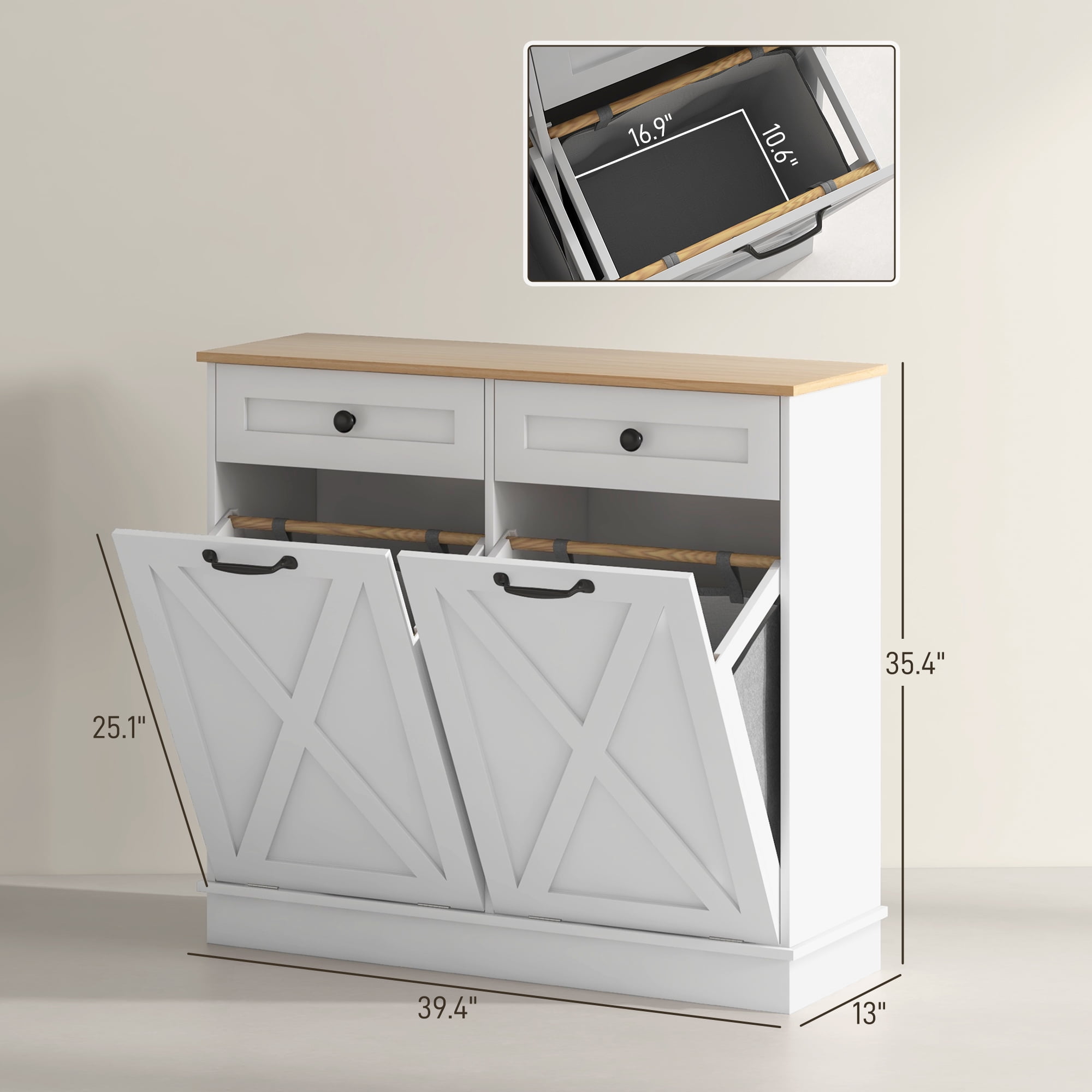 HOMCOM Tilt Out Laundry Hamper Cabinet with 2 Baskets and 2 Drawers, White