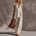 thumbnail image 4 of Bosfbaoi Two Piece Sets for Women Linen Blend Modern Fit Outfit Set Deep V-Neck Cap Sleeve Tops Wide Leg Pants Matching Sets Women Clothing, 4 of 7