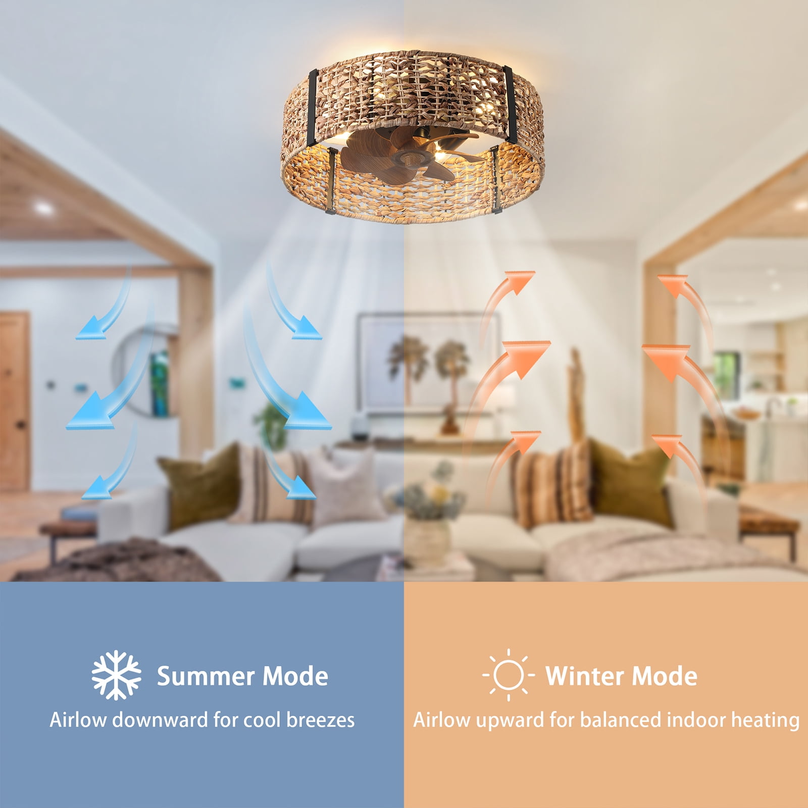 Garwarm 19.6" Boho Rattan Ceiling Fan with Lights, 4-Light Flush Mount Fandelier with Remote, Low Profile Caged Ceiling Fan, Reversible Enclosed Bladeless Fan for Bedroom Living Room