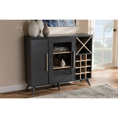 Baxton Studio Pietro Mid-Century Modern Dark Gray and Oak Finished Wine Cabinet