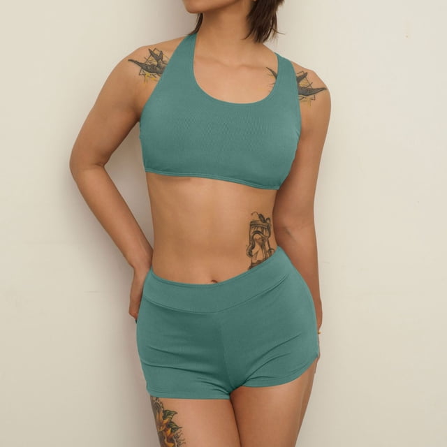 Cameland Fashion Women's Sexy Hanging Neck Swimsuit Set Solid Color Split Swimsuit Two Piece Set