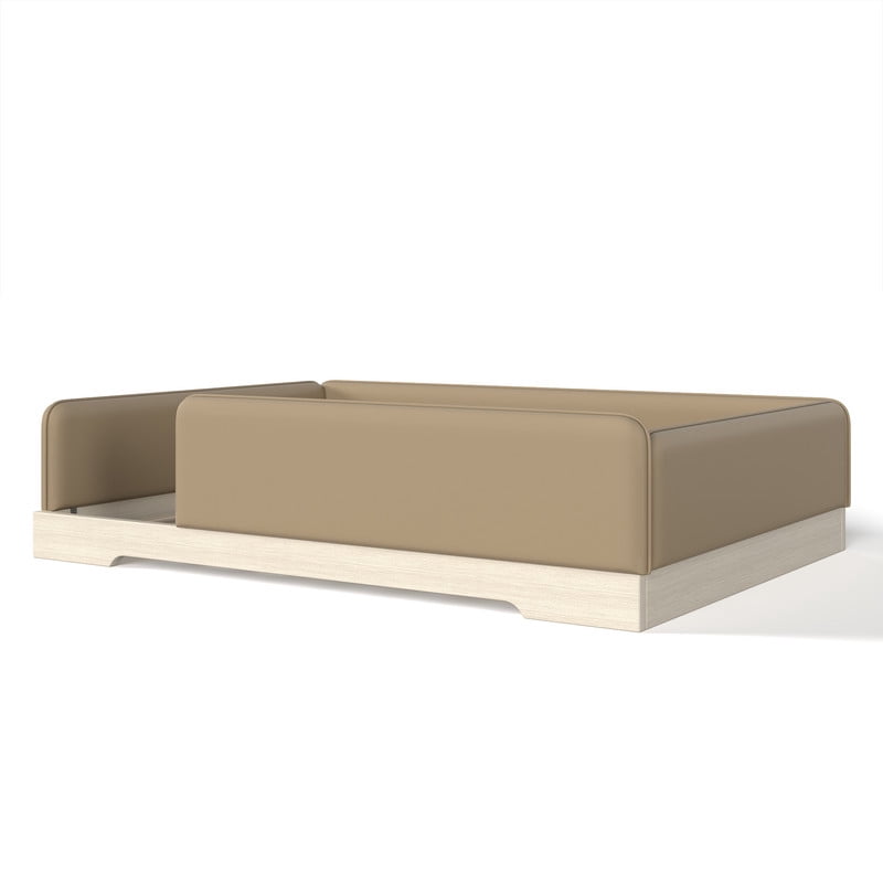 Queen Size Faux Leather Upholstered Floor Bed, Kids Montessori Bed Frame with Removable Guardrail, Low Profile Platform Bed