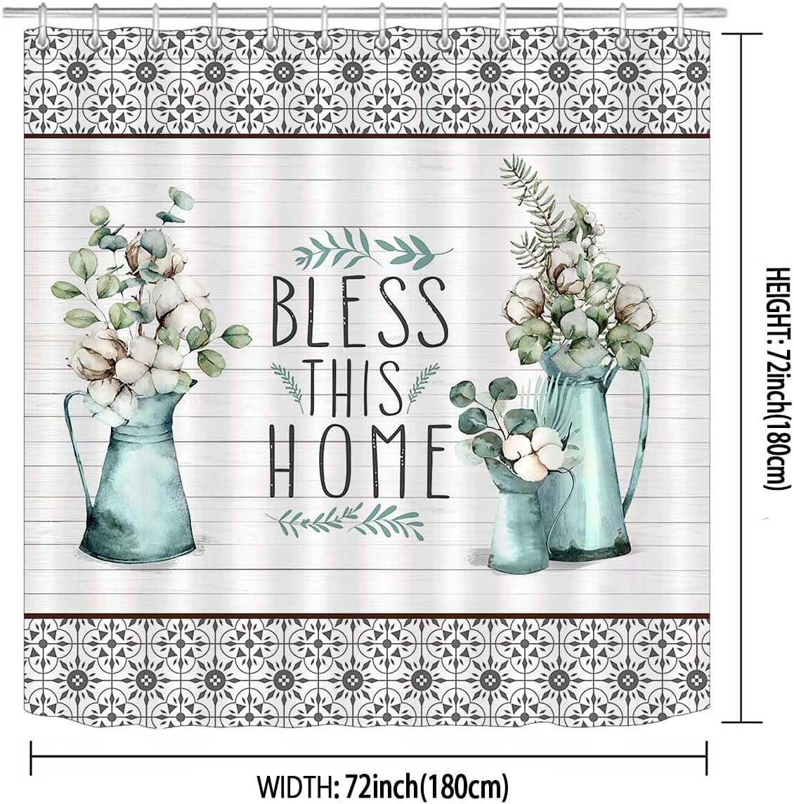 Cotton Flower Shower Curtain, Farmhouse Shower Curtain, Country Flower Eucalyptus Teal Shabby Chic Vase Wooden Barn Rustic Bathroom Decor, Waterproof Fabric White Shower Curtain, 72 X 72 Inch