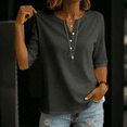 thumbnail image 2 of Womens Elbow Length Sleeve T-Shirts 3/4 Sleeve Casual V Neck Buttons Tops Solid Color Loose Fit Summer Beach Vacation Shirts, 2 of 5