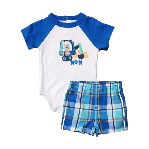Infant Boys Blue & Green I Dig Mom Shirt & Plaid Shorts Outfit Set 0-3m