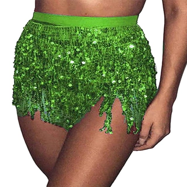 Jupe Ventre pour Femmes Jupe Mini à Franges Pailletées avec Sangles de Taille Réglables pour Danse Performance Rave Party