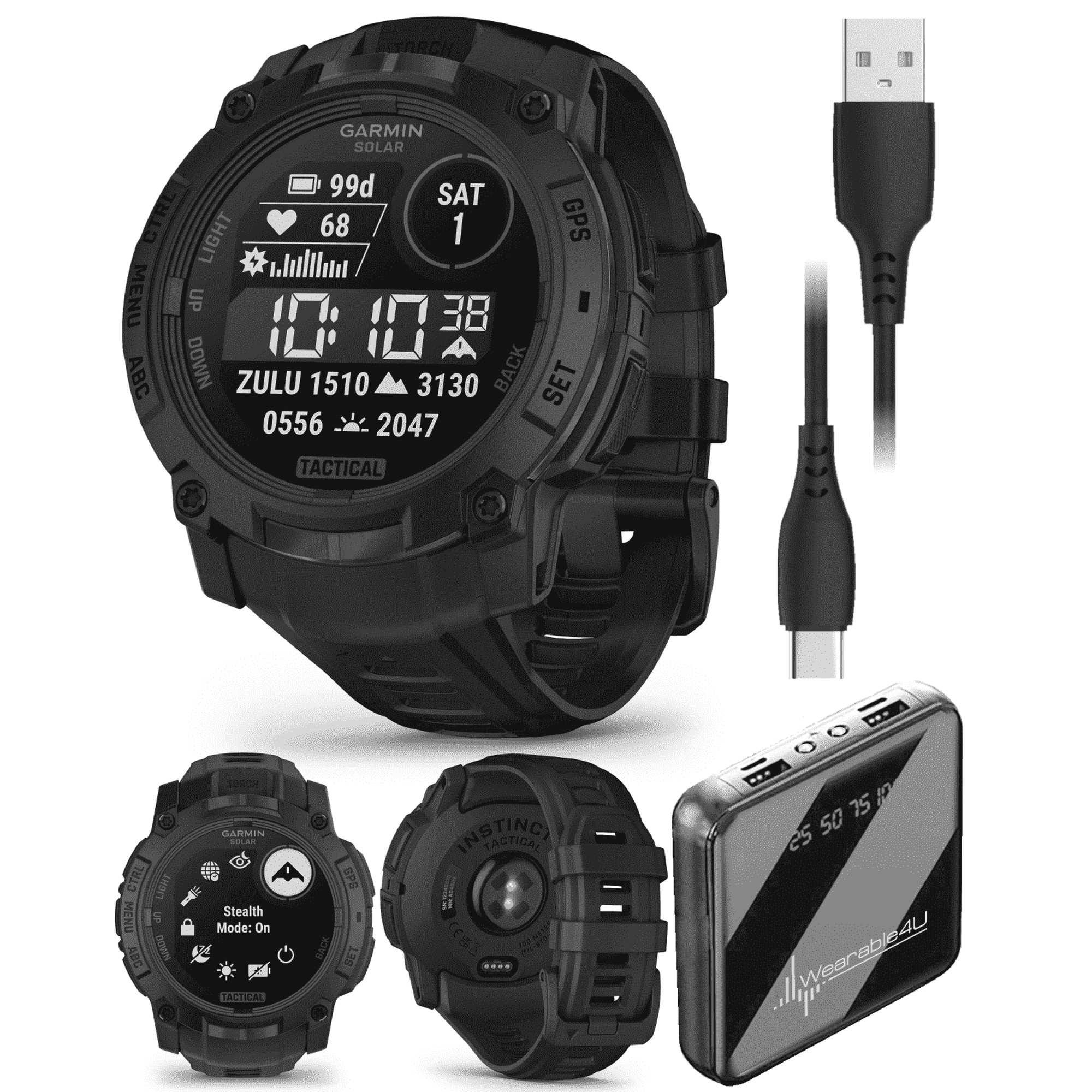 Garmin Instinct 3 Tactical Edition, Solar Charging Display, 50mm, Rugged Outdoor GPS Smartwatch with Wearable4U PowerBank Bundle