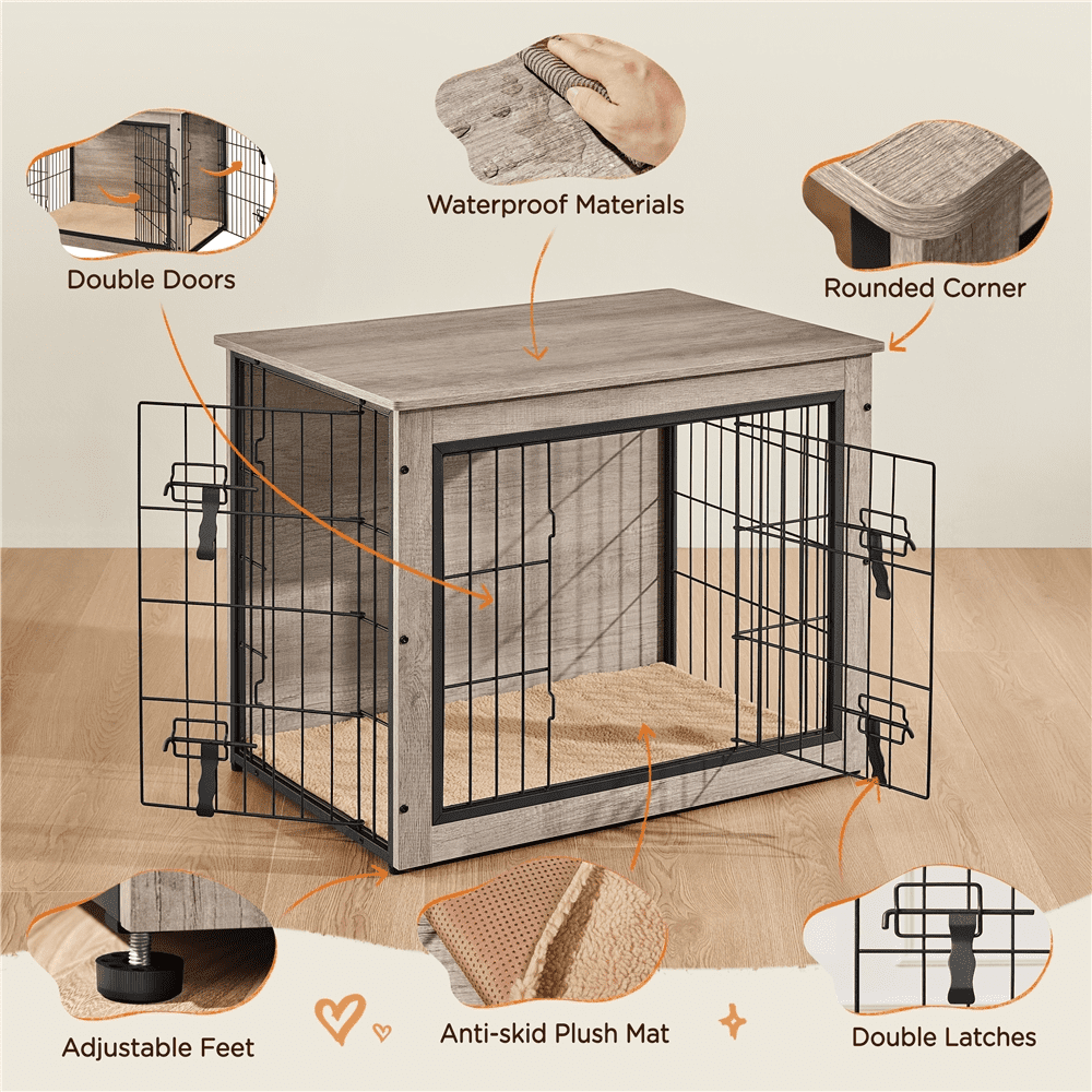 Alden Design 32" W Rustic Industrial Dog Crate with Anti-Skid Plush Mat For Medium-Sized Dogs, Gray