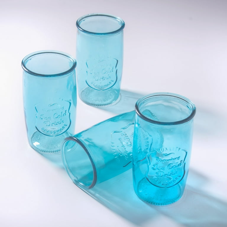 Blue Beverage Glasses, Drinking Glasses, Set of 4, Teal Blue Glass