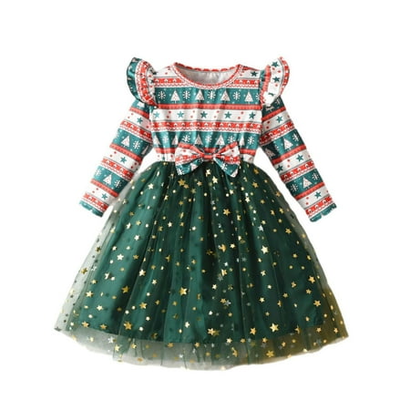 IVEYRTF Girls Solid Color Long Sleeve Round Neck Sleeve Dress Princess Party Performance Childrens Formal Wear Dress for Holiday Celebrations Birthday Festive Events(Green#5 6-7 Years)