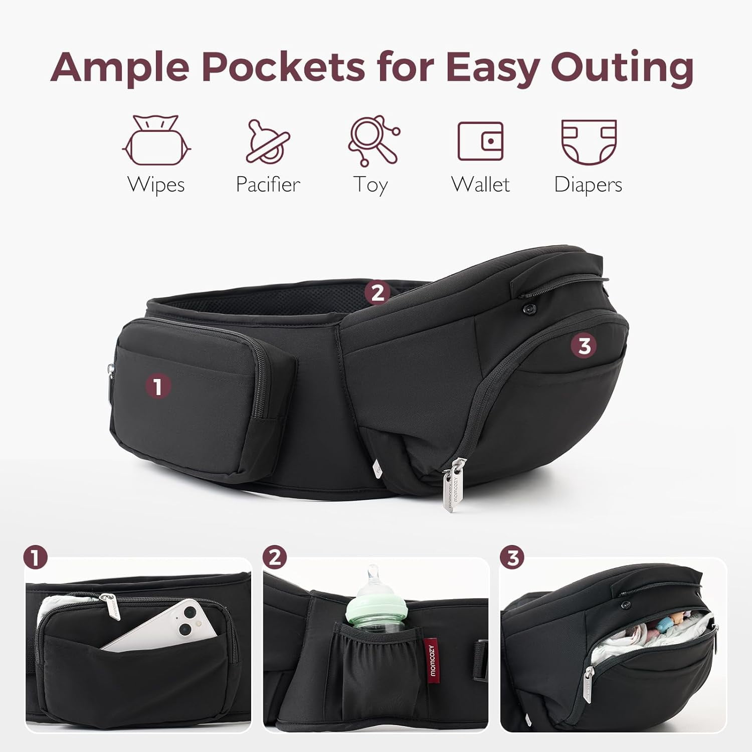 Momcozy Baby Carrier with Hip Seat, 2-in-1 Detachable Hip Seat Carrier for Toddlers up to 44lbs, Forward-Facing Carry for Active Babies Fits Waist Sizes up to 47 Inches