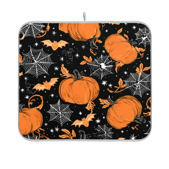 Dish Drying Mat Microfiber Kitchen Pad Large Counter Absorbent Dish Mats Drainer Rack 16"x18" Orange Pumpkins and Spider Webs