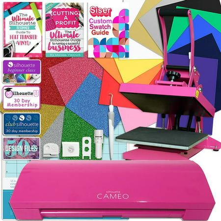 Silhouette Pink Cameo 3 Bluetooth Heat Press T-Shirt Bundle with Pink Heat Press, and