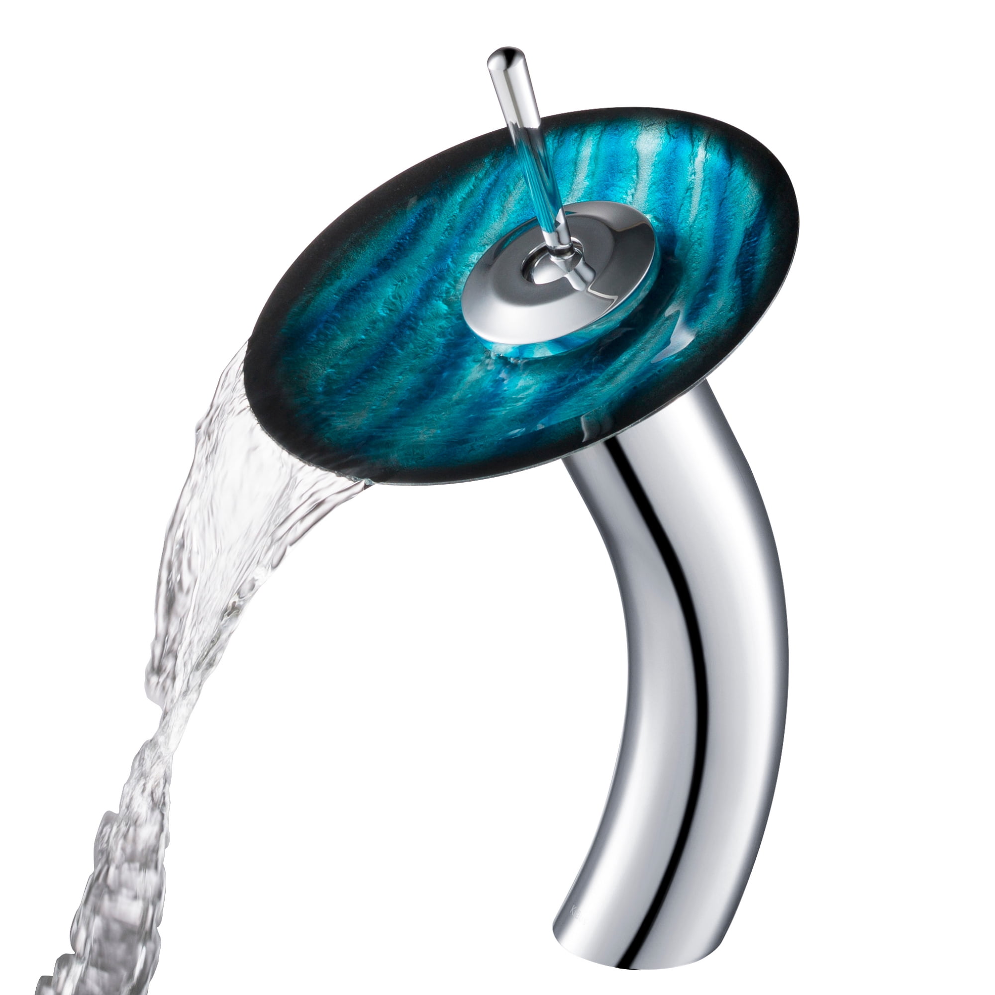 KRAUS Nature Series Blue Glass Bathroom Vessel Sink and Waterfall Faucet Combo Set with Matching Disk and Pop-Up Drain, Chrome Finish