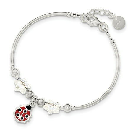 Sterling Silver 6in Polished Childrens Enamel Ladybug Stars Swarovski Bracelet