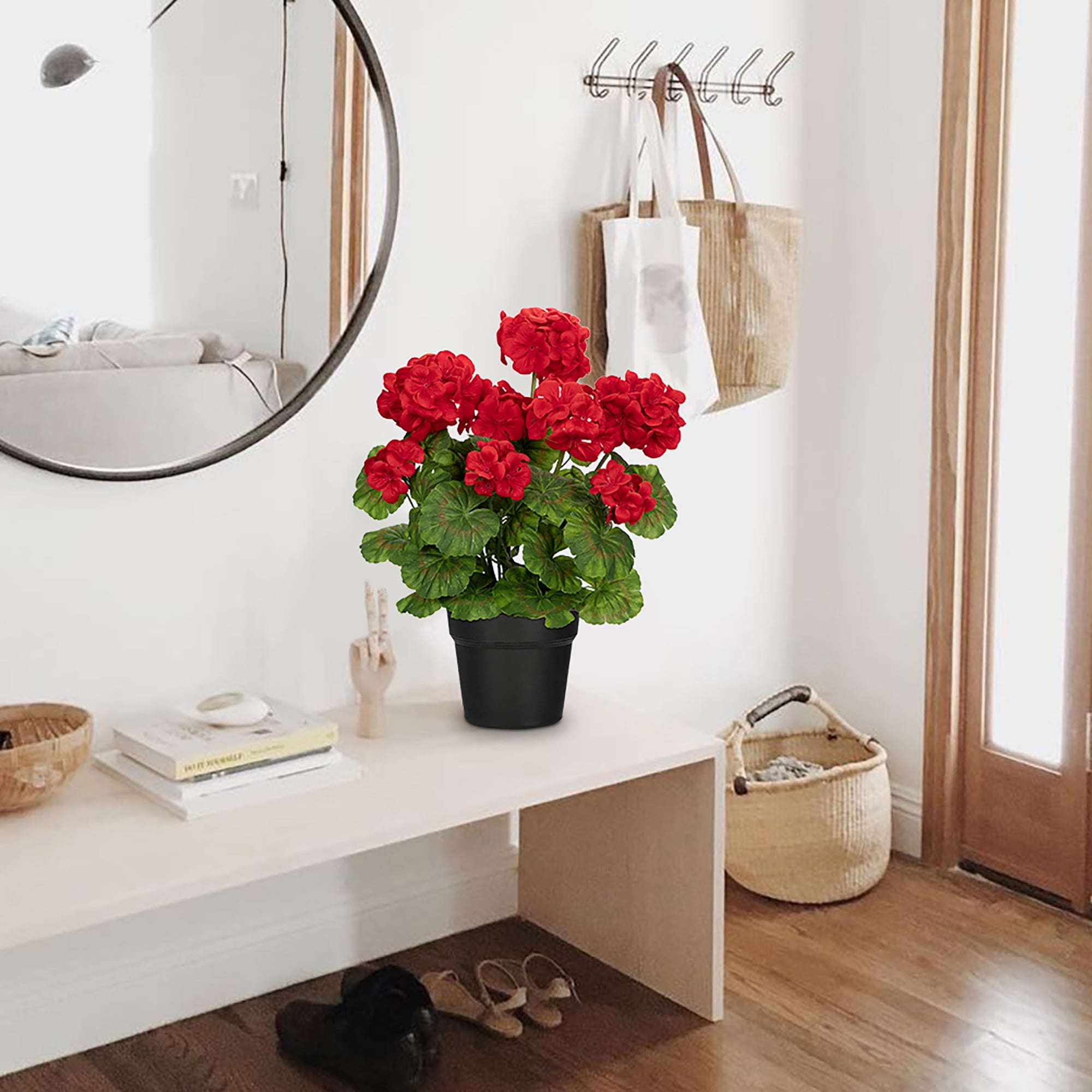 Briful 16" Artificial Geranium Flower Potted Plant Realistic Silk Red Flowers with Vibrant Green Leaves Fake Begonia Flowers for Outdoors Farmhouse Office Home Decor