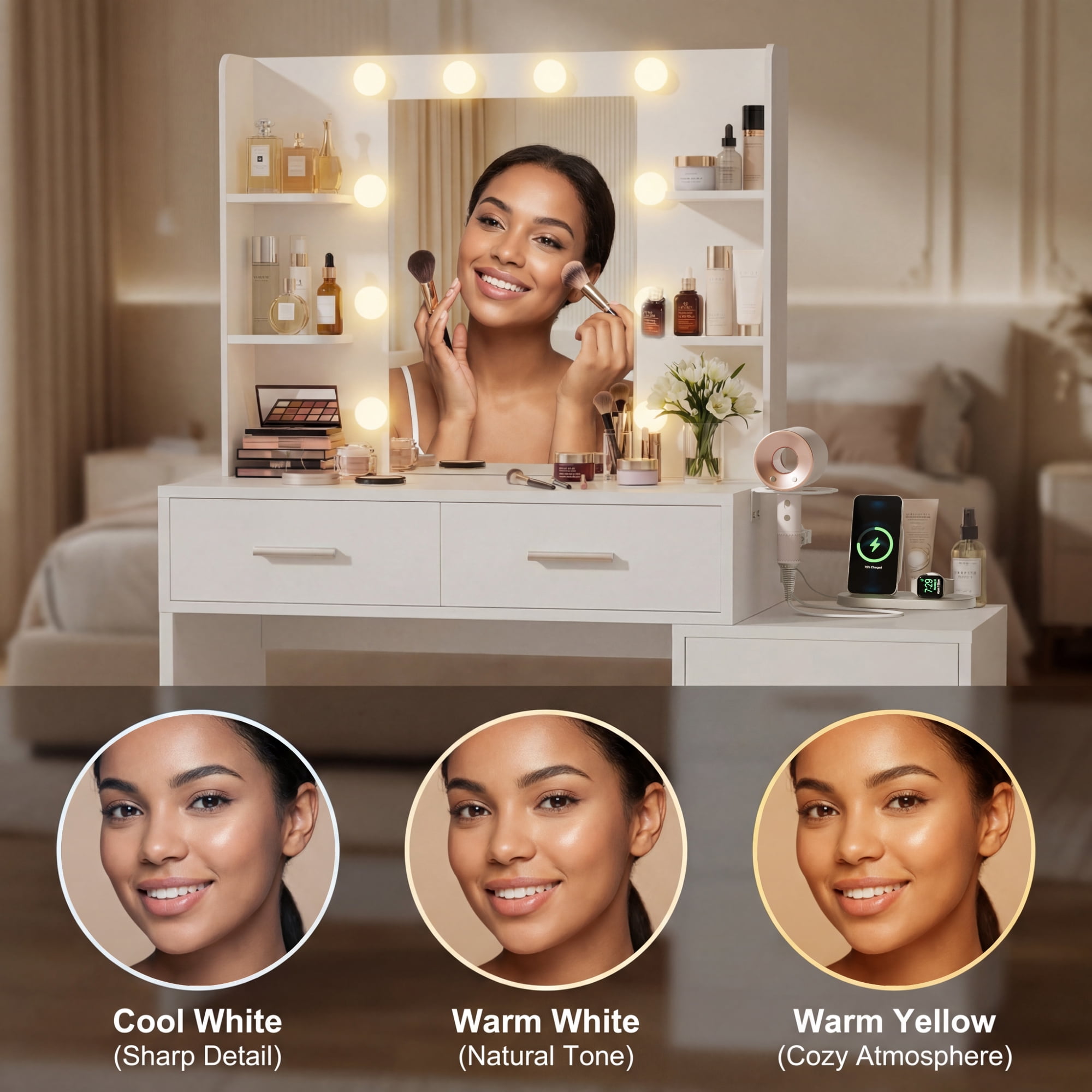 Homall Makeup Vanity Desk with LED Lights, Mirror & Power Outlet, Dressing Table with 4 Shelves and 5 Drawers, Vanity Set & Nightstand for Bedroom, White