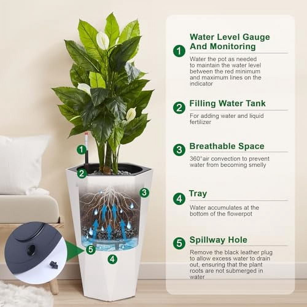 22.4 Inch Tall Planters Set of 2, Large Flower Pot Outdoor and Indoor, with 2 Trays and a Water Level Monitor and Wheels for Patio, Porch, Living Room, or Home Office
