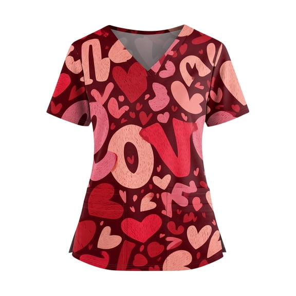 CCRFTGI Valentines Scrubs for Women Plus Size Love Heart Print Nurse Uniforms Fashion V Neck Scrub Tops Holiday Short Sleeve Medical Workwear with Pockets Red 5XL