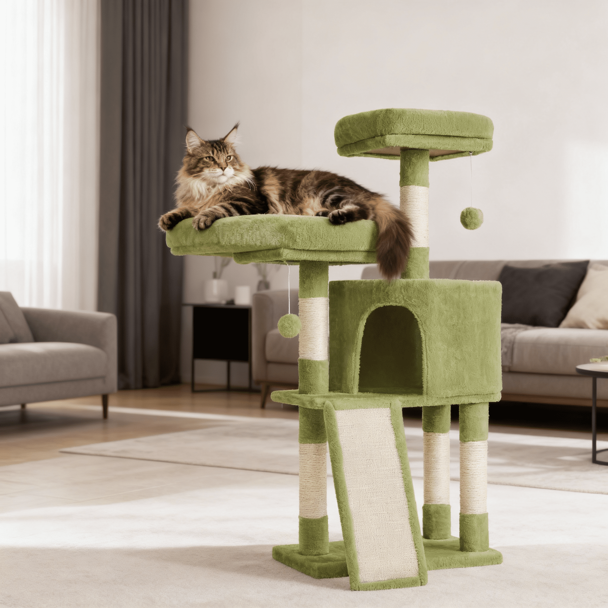 LEDREM Cat Tower, 45.3-Inch Indoor Cat Tree with Scratching Ramp, Perches, Spacious Cat Cave, Multi-Level Condo for Kittens, Adult Cats, Grass Green