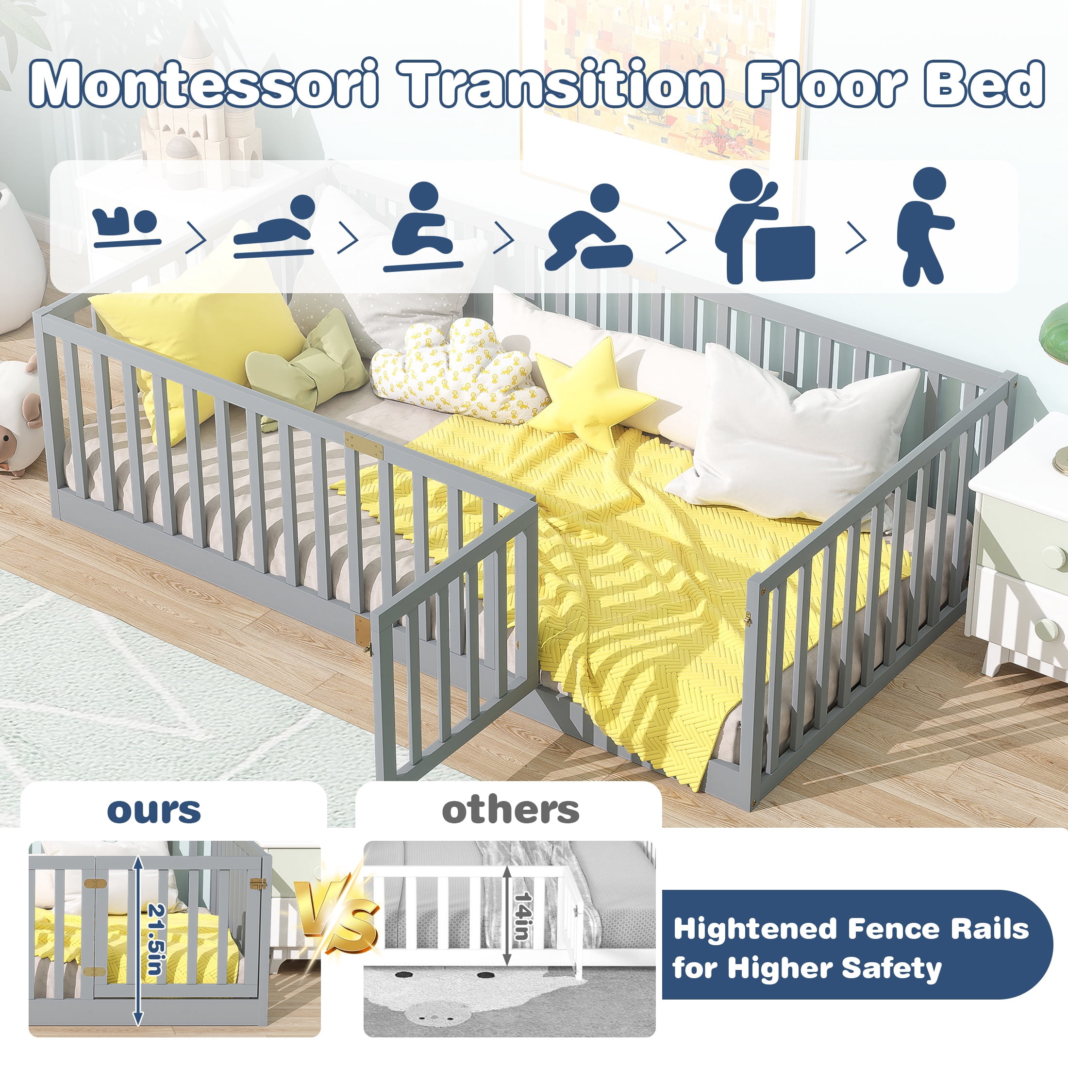 Sesslife Twin Size Floor Bed with High Fence & Door, Wood Twin Bed Frame with Salts and 21.5” Safety Guardrails, Twin Floor Bed for Boys Girls, No Box Spring Needed, Grey