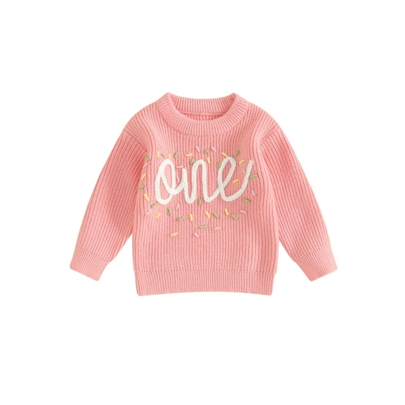 Toddler Baby Girl Boys First Birthday Sweater One Embroidery Knit Pullovers Long Sleeve Round Neck Warm Pullover Top Fall Winter Clothes