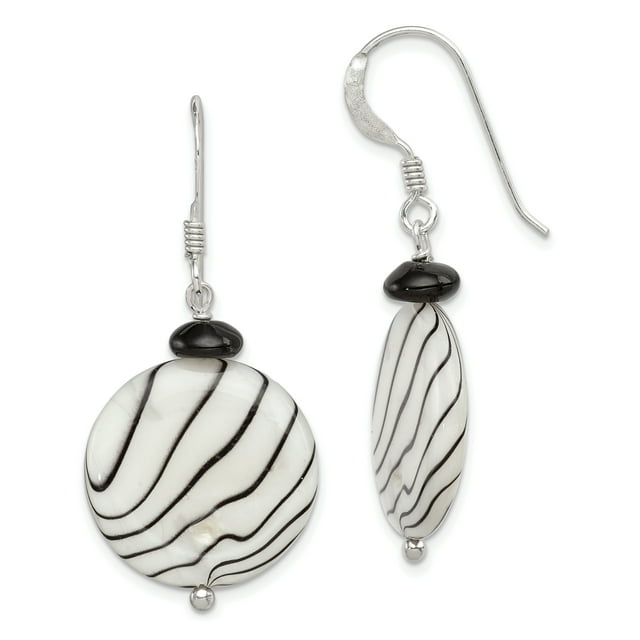 925 Sterling Silver Black Agate Zebra Mother Of Pearl Drop Dangle Earrings Natural Stone Shell