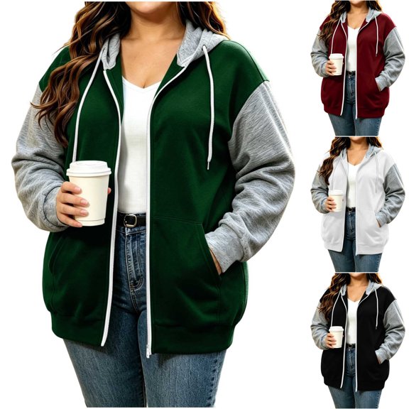Nugftut Hoodies for Women Plus Size Color Block Raglan Sleeve Pockets Zip Hooded Sweatshirts