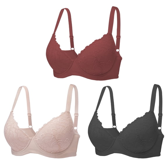 Women's 3 Pack Push-Up Bras, Underwire Padded Full Coverage Bra, Soft Floral Lace Lift Everyday Bra for Women B C D Cup, Wine/Nude/Black