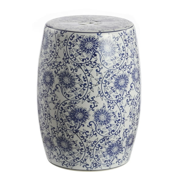 JONATHAN Y Lotus Blossom 17.5" Chinoiserie Ceramic Drum Garden Stool, Blue/White
