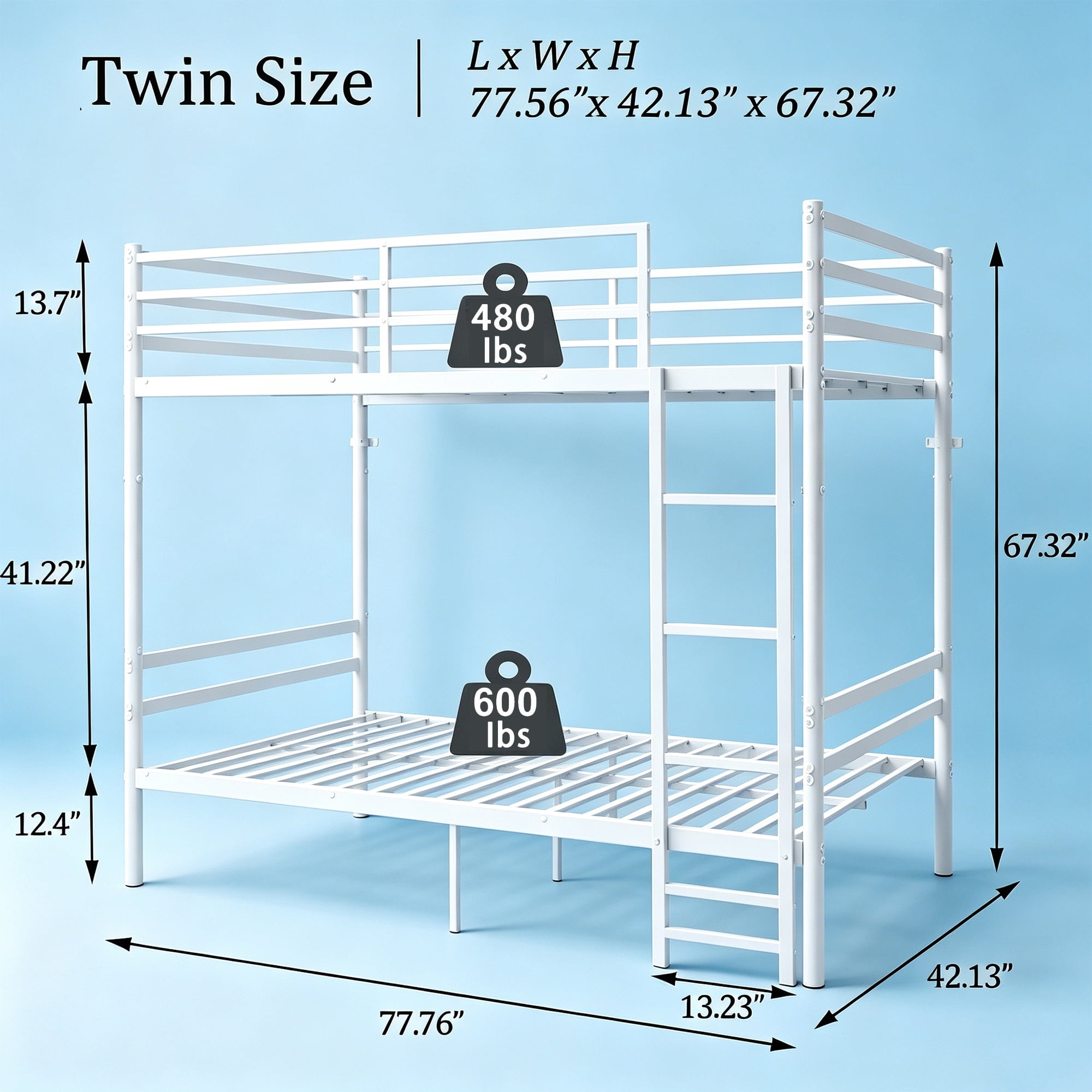 Leumius Bunk Bed Twin Over Twin for Boys Girls,Metal Twin Size Bed Frame with 13.7 Inch High Safety Guardrail & Sturdy Ladder,Converts to 2 Beds,White
