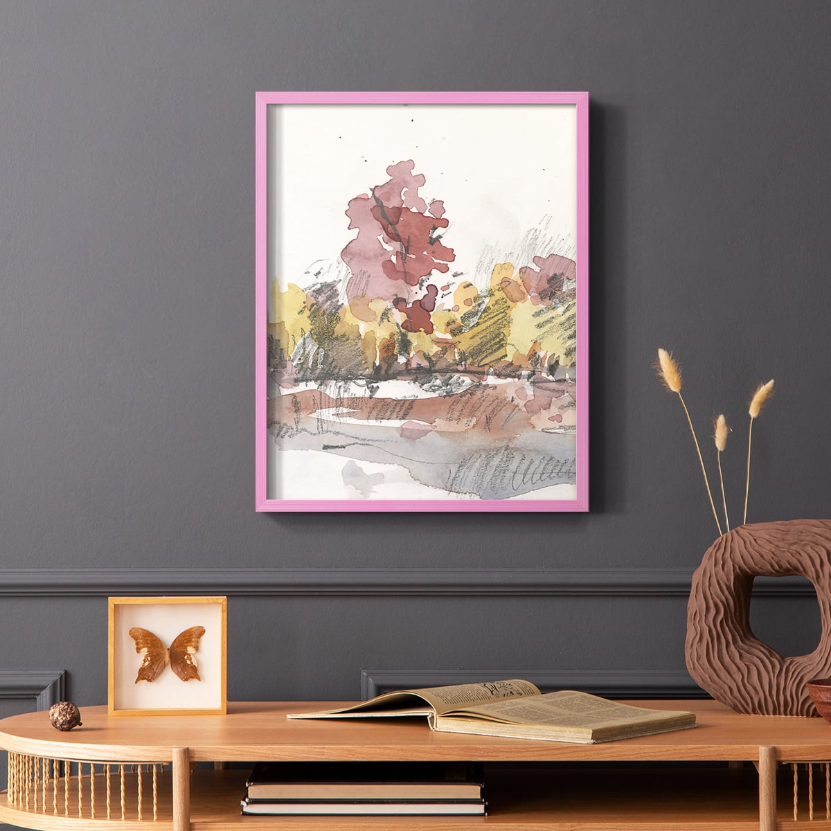 Watercolor Treeline Sketch I Framed Print in Pink Solid Wood 11 x 14 Framed Print