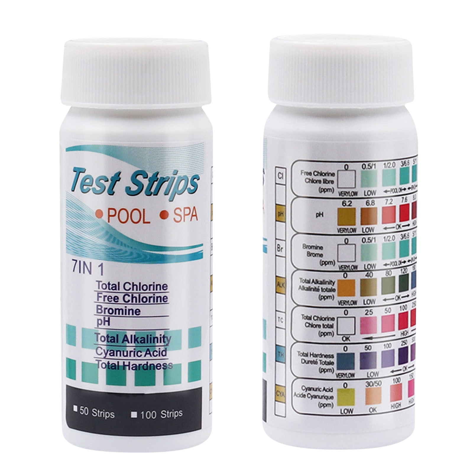 Accevo Bandelettes Test Piscine & Spa 7 En 1 – 100 Bandes Pour PH, Chlore, Alcalinité, Dureté, Brome, Acide Cyanurique