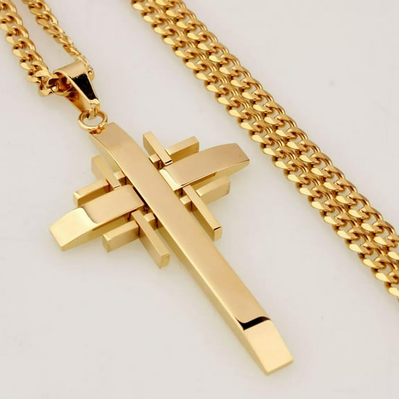 EOEMY Mens Chain 18K Gold Tone Curb Link Stainless Steel Cross Pendant Necklace 24''-Default