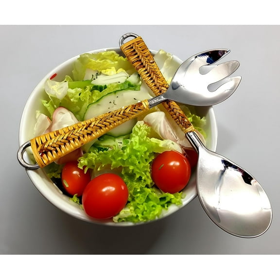 5MOONSUN5's Steel Salad Servers or Salad Tongs, 10.5 Inch Salad Tosser, Serving Utensils for Modern Serving and Cooking, Stainless Serving Spoon and Fork Set with wooden Handle