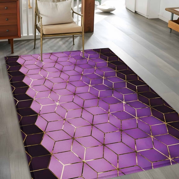 Abstract Stereo Cube 3x5 Rug for Bedroom Foot of Bed Small Living Room, Modern Gradient Black Purple Comb Grid Cubes Washable Non Slip Rectangle Area Rug