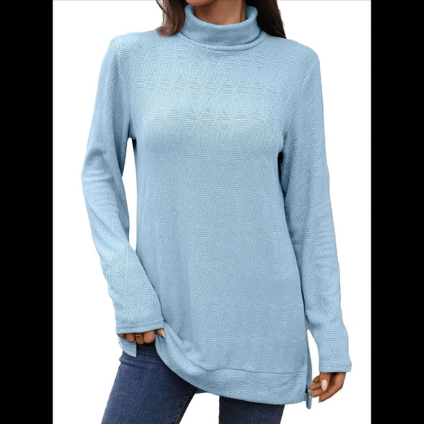 Camiseta Holgada de Larga con Cuello Alto y Estampado Geométrico de Jacquard para Mujer, Otoño e Invierno. Azul M