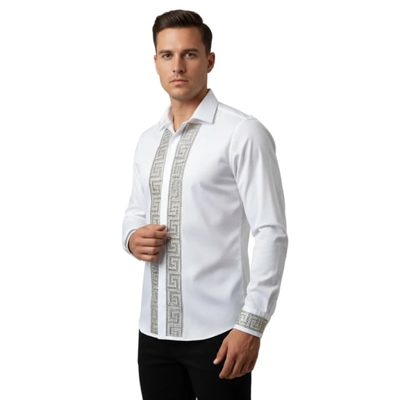Men CEREMONIA Turkey Shirt 100% Cotton Fancy Rhine Stones #TSV 13 White Slim Fit