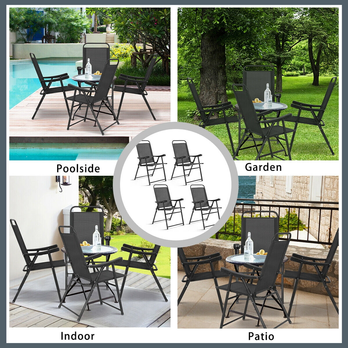 Set Of 4 Folding Sling Chairs Patio Furniture Camping Pool Beach With Armrest Patio Chairs Swings Benches Home Garden