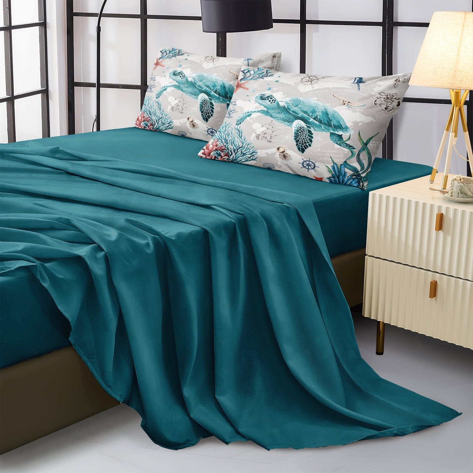 Nautical Bedding Set Turtle Comforter Set Queen/King Size Beach Comforter Set Soft Microfiber Sea Life Ocean Bedding Comforter Set Coastal Bedding Boys Girls Beach Theme Bedding Set 4 Pieces 1 Comfor