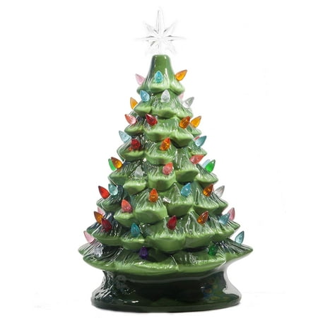 ReLive Christmas is Forever Lighted Tabletop Ceramic Tree, 14.5-Inch Green Tree with Multicolored