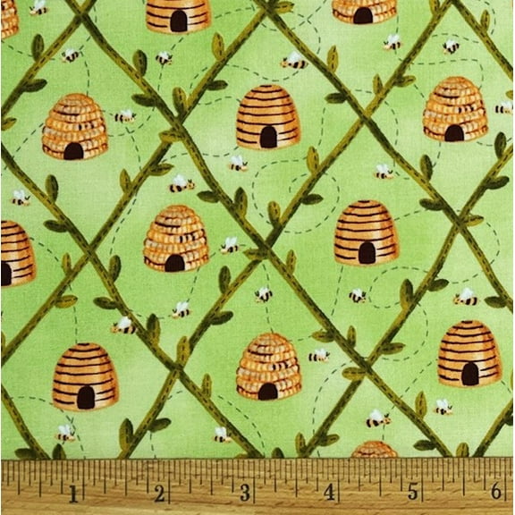 1 Fat Quarter - Bees & Beehive on Green Lattice Cotton Fabric - 21" X 18"
