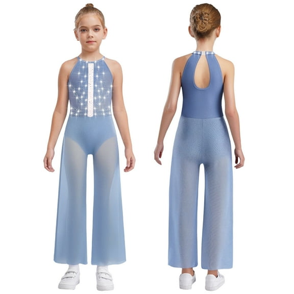 Sholeno Kids Girls Lyrical Latin Jazz Dance Jumpsuit Shiny Dance Romper Gymnastics Leotard Wide Leg Bodysuit Dusty Blue 6