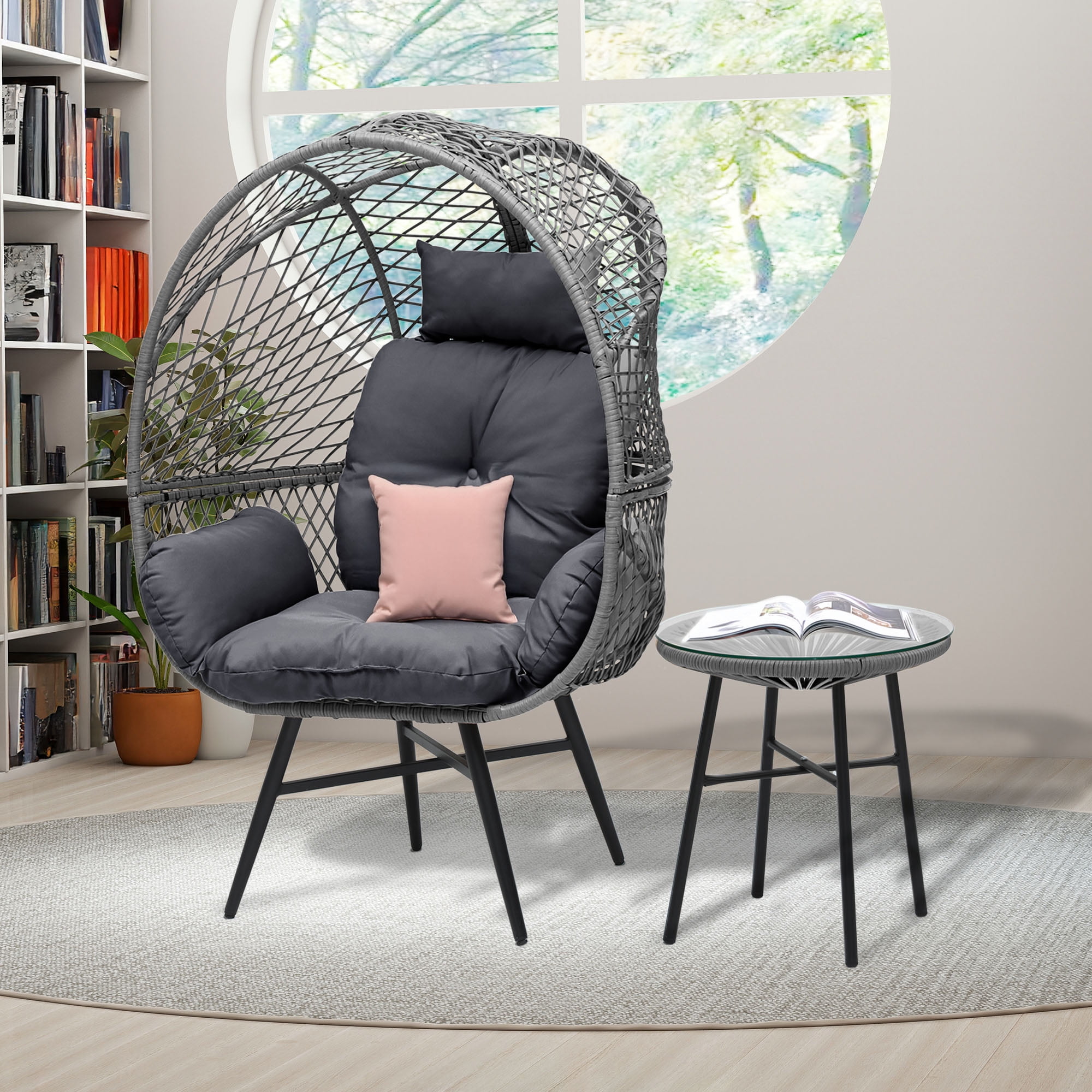 Uforic Wicker Egg Chair Set with a Stand, Comfortable Cushions and a Coffee Table, Suitable for Indoor and Outdoor Use