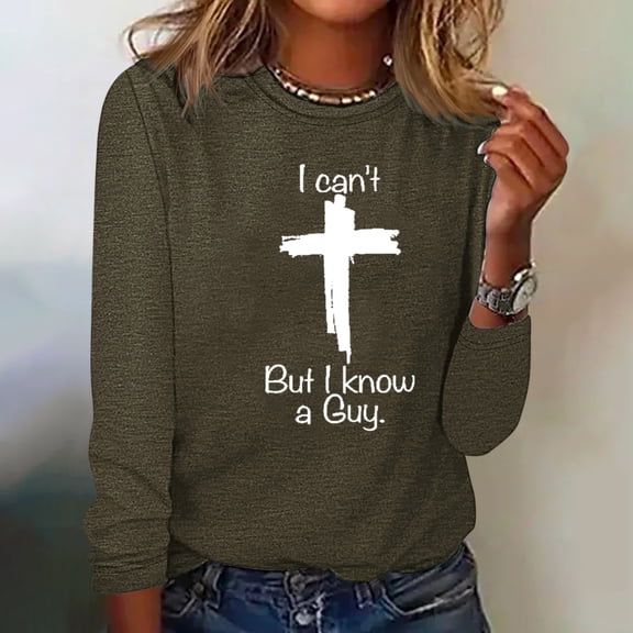 QUNYINEY Long Sleeve Shirts for Women Trendy Crew Neck Jesus Cross Casual Green Tops Loose Pullover Drop Shoulder T-Shirts