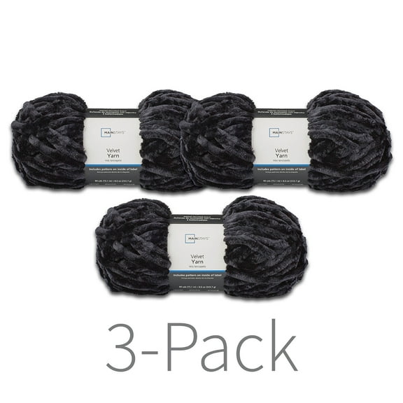Mainstays Velvet Yarn, 80 yd, Rich Black, 100% Polyester, Super Bulky, Pack of 3