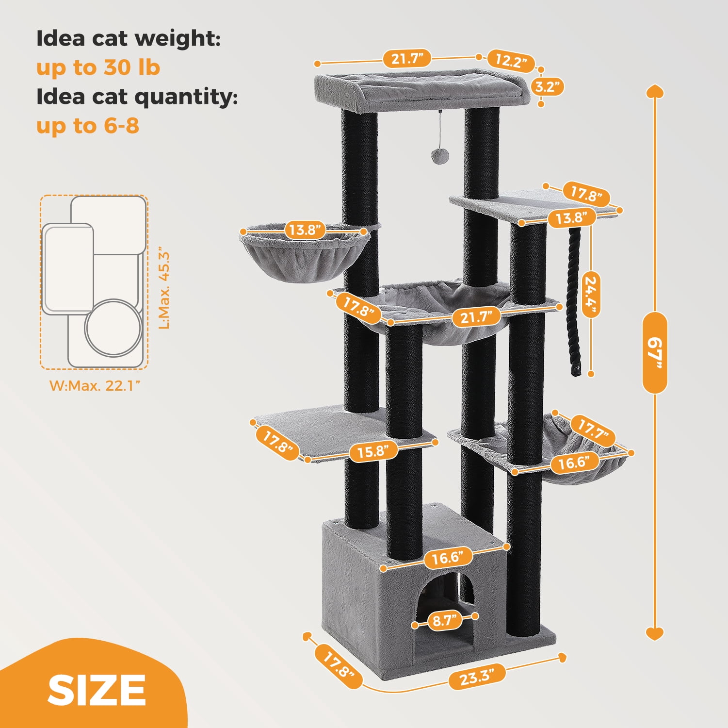 PEQULTI 67" Multi-Level Cat Tree with Super Large Scratching Posts Cat Tower with 3 Hammocks Black