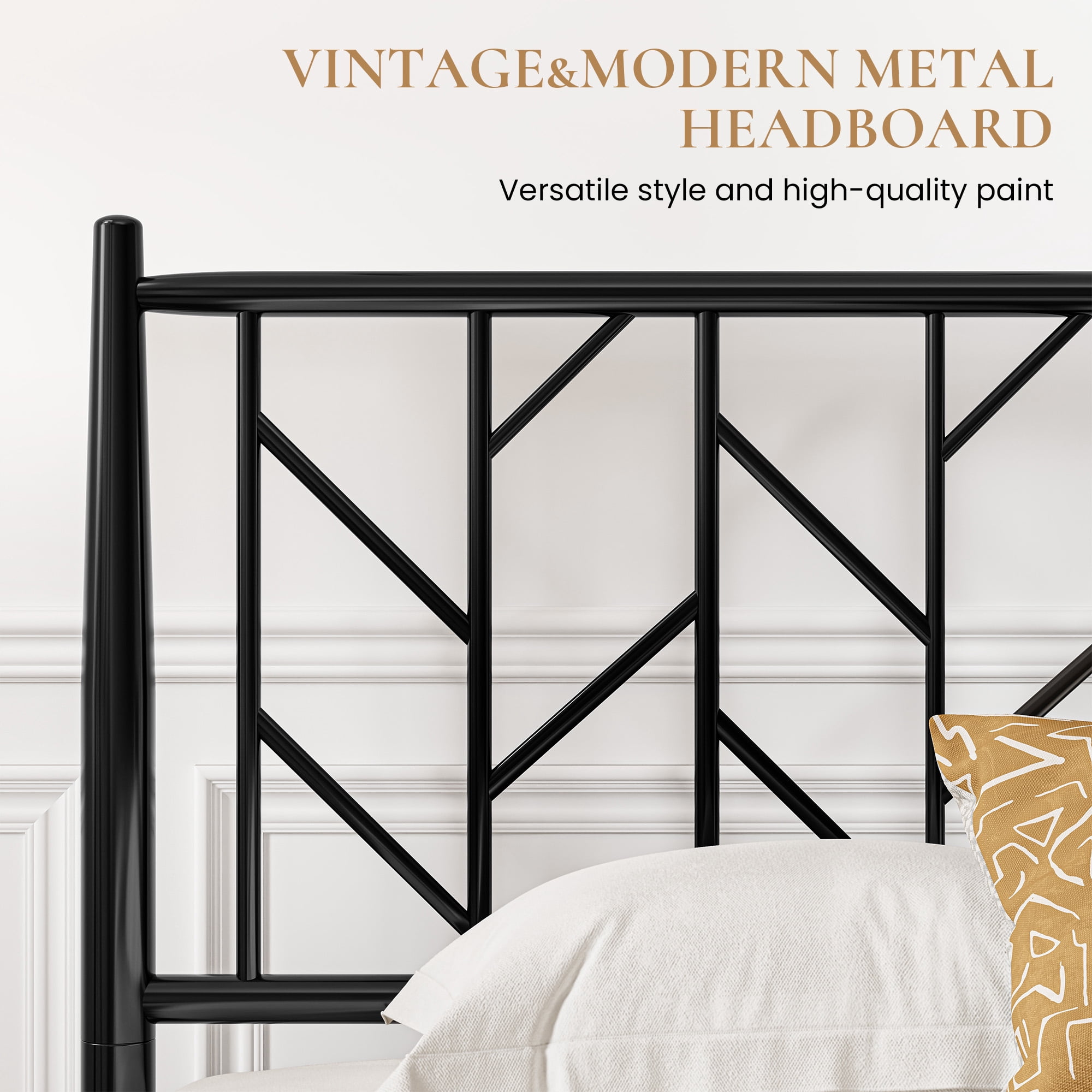 Sha Cerlin Black Full Size Metal Platform Bed Frame with Victorian Vintage Headboard & Underbed Storage, Adult