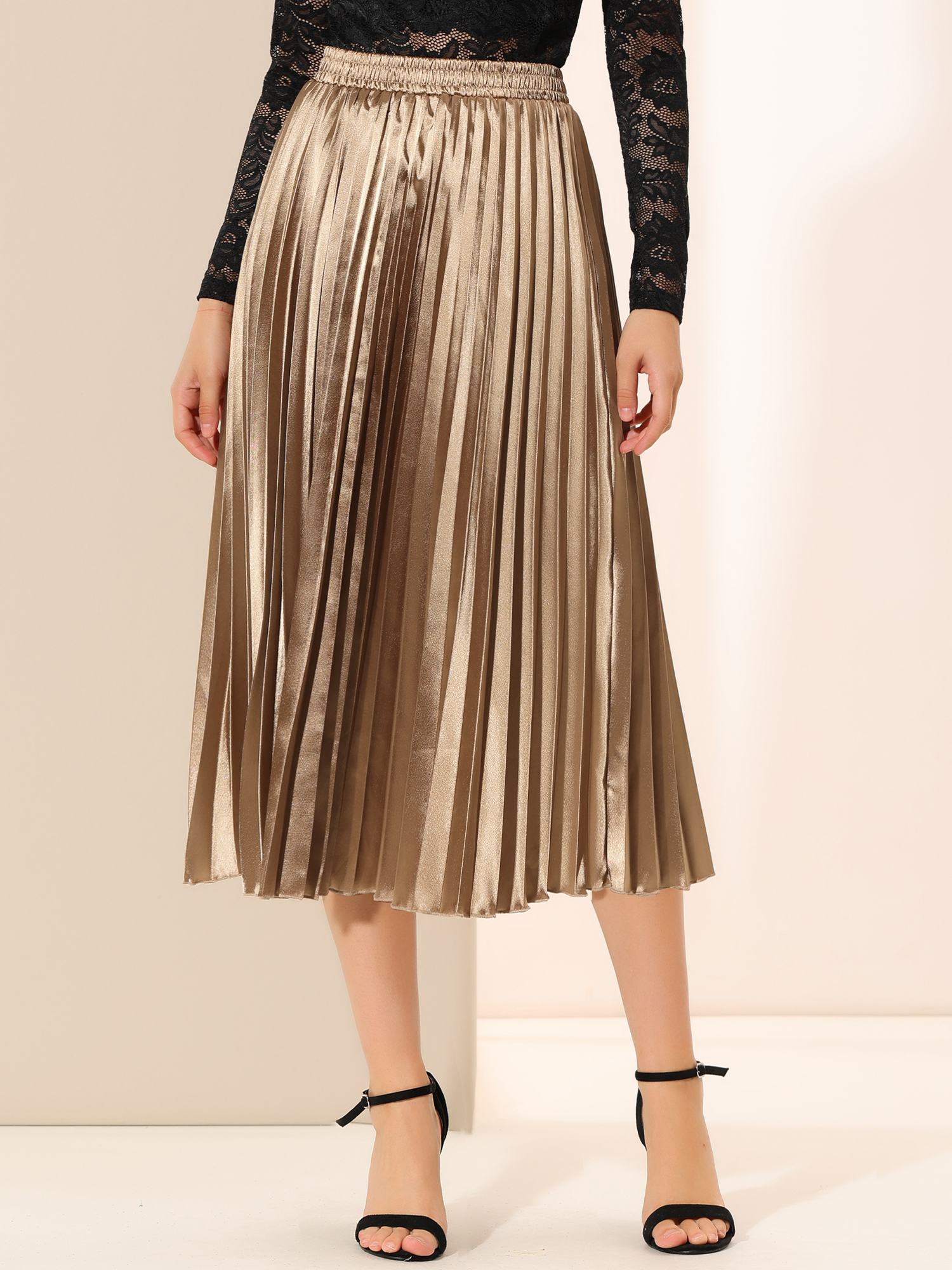 Allegra K Womens Elastic Waist Metallic Shiny Accordion Pleated Midi Skirt 6383