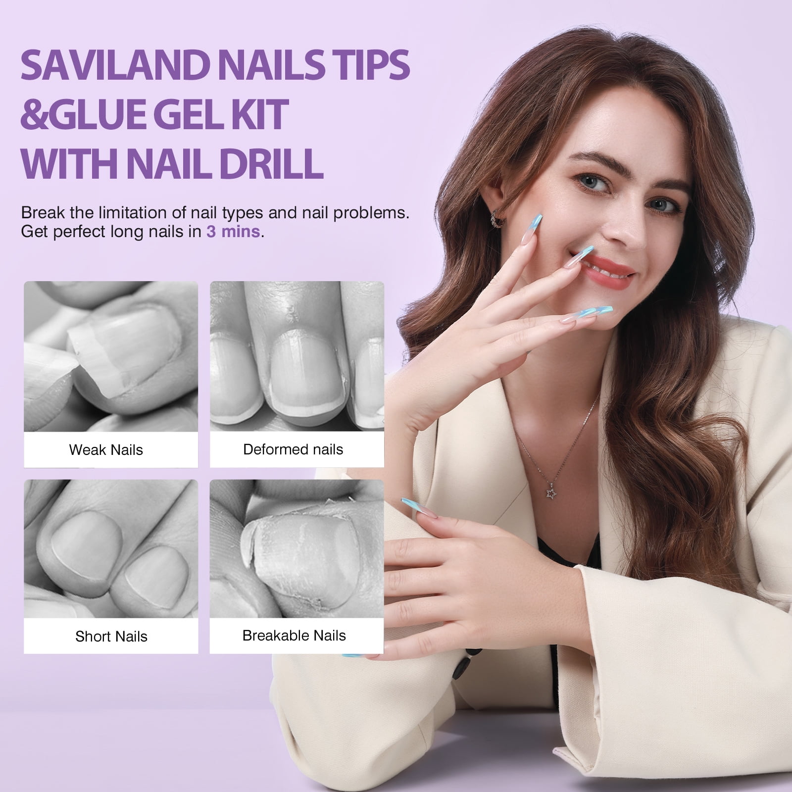 Saviland Gel X Nail Kit with Nail Drill – Nails Tips and Glue Gel Kit with 4-in-1 Nail Glue Gel 500PCS Full Cover Long Coffin Nails Tips U V Light Nail Design Kit for Nail Extension